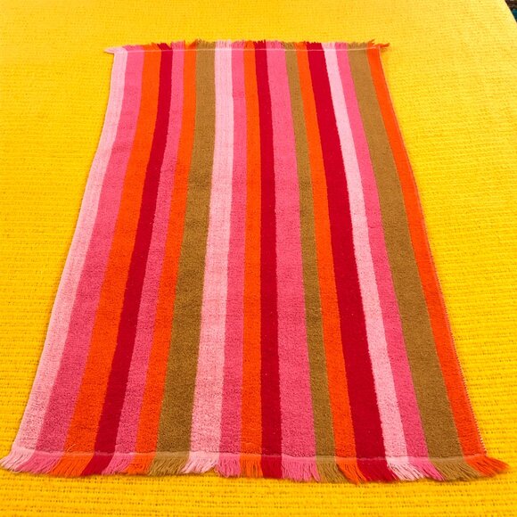 Vintage 70s CALDWELL Cotton Bath Towel 22.5" x 39": Pink Green Orange Stripes - Picture 2 of 10